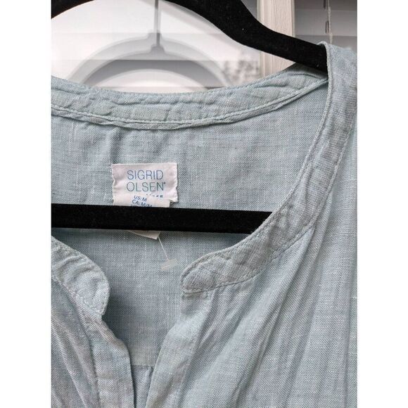 Sigrid Olsen Linen Button Down Shirt V-Neck Roll Up Button Sleeves Green, Size M - Picture 2 of 6